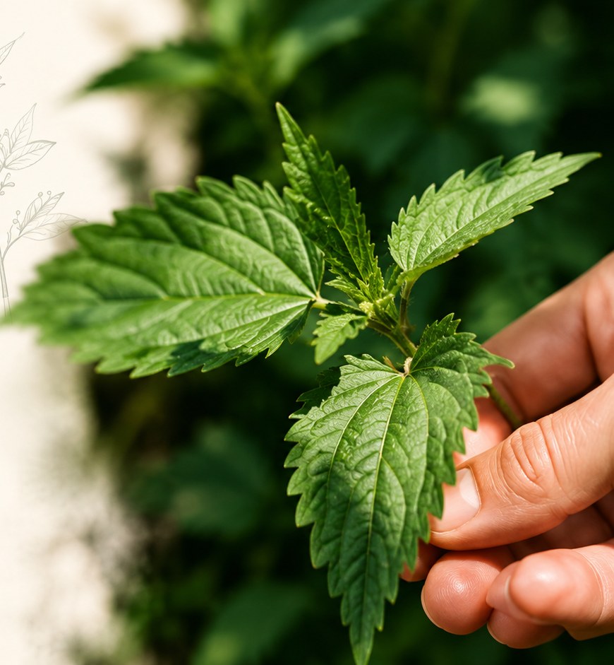 Main tenant des feuilles d’ortie fraîches